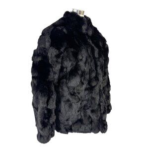 Black Rabbit Fur Coat Jacket Oversized Sleeves Size M Zip Front Vintage 1980s